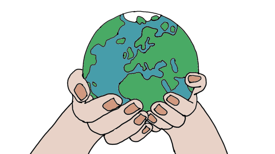 Illustration som visar två händer som håller en jordglob.