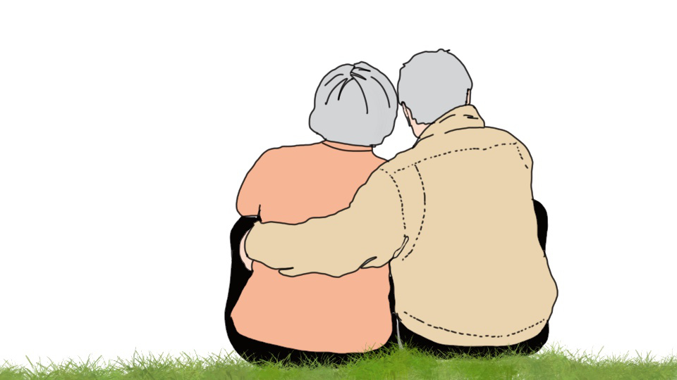 Illustration som visar ett äldre par som sitter på gräset och håller om varandra.
