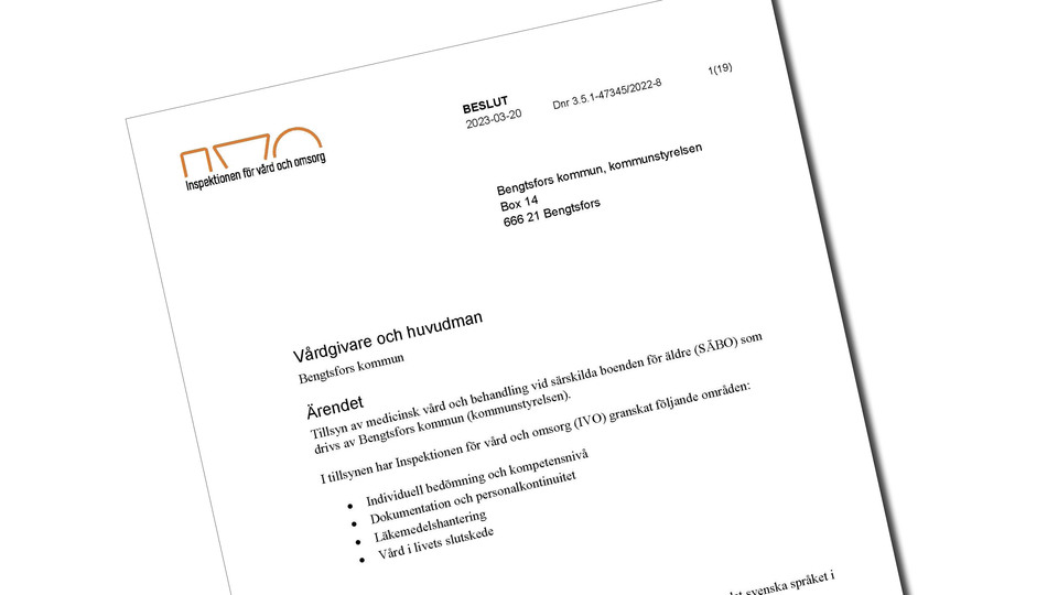 Skärmklipp som visar en del av IVOs beslut som skickats till Bengtsfors kommun